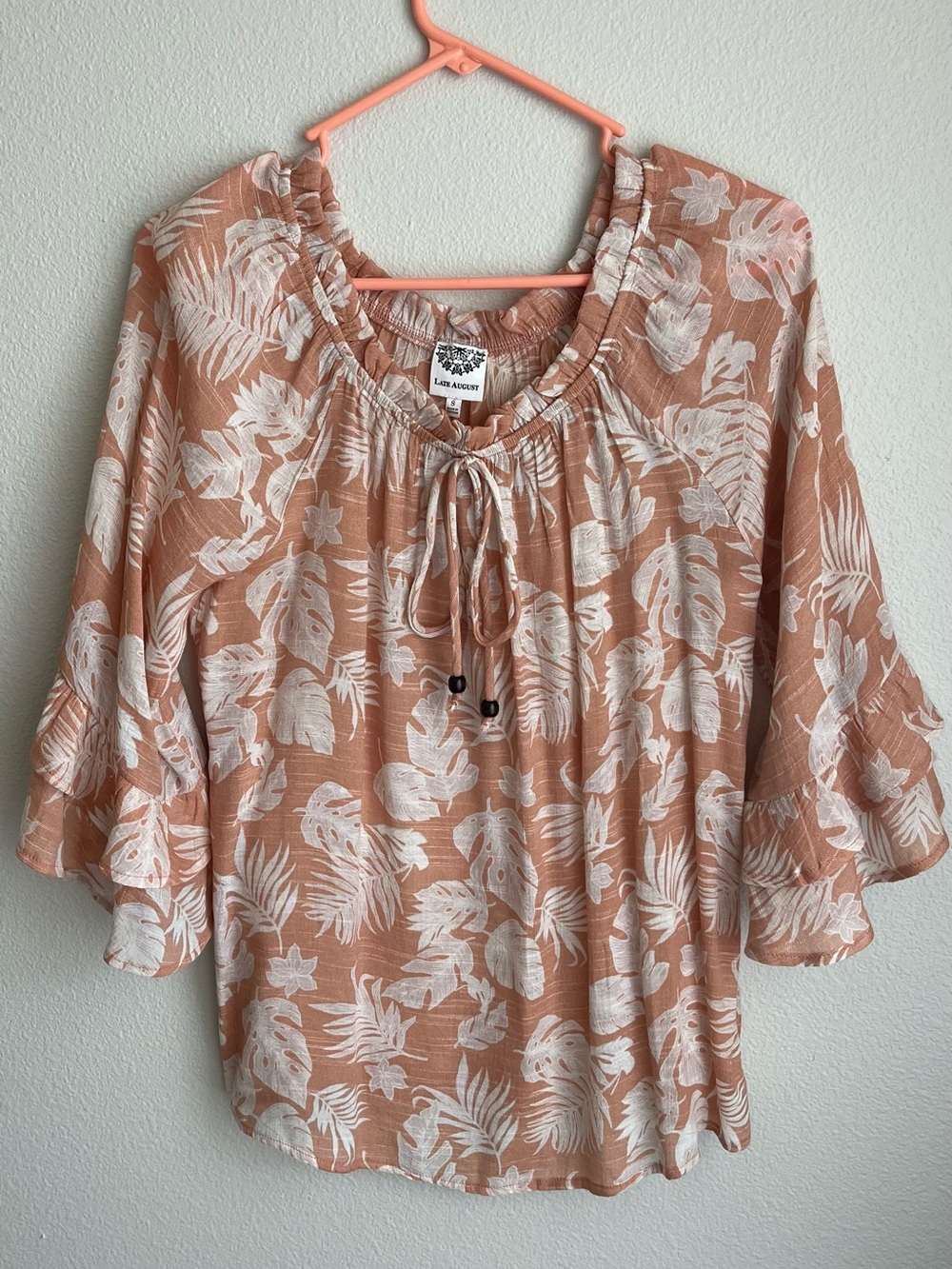 Flowing  Peach Floral Tie-Neck Ruffle Sleeve Tunic